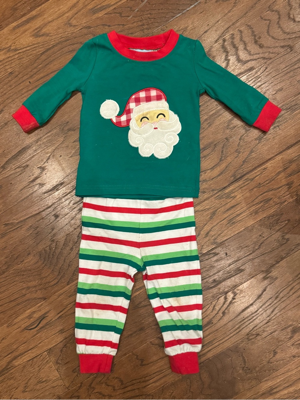 Green Santa Applique Kids Pajama Set with Striped Pants